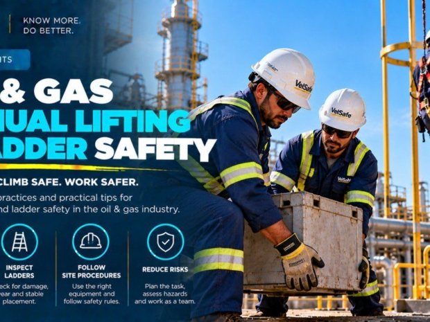 Two oil and gas workers in VelSafe hard hats and hi-vis performing a team lift of heavy equipment at a refinery with a third worker climbing a ladder with fall protection harness in the background illustrating manual lifting and ladder safety practices including proper technique team lifts ladder inspection and three-point contact