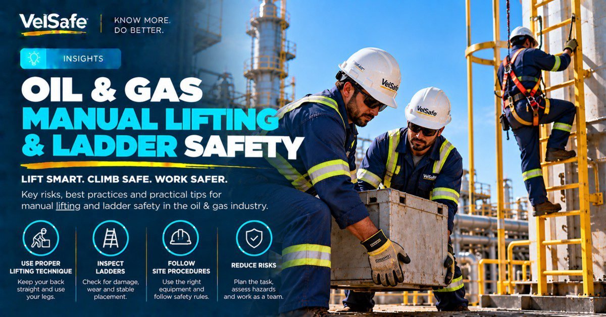 Two oil and gas workers in VelSafe hard hats and hi-vis performing a team lift of heavy equipment at a refinery with a third worker climbing a ladder with fall protection harness in the background illustrating manual lifting and ladder safety practices including proper technique team lifts ladder inspection and three-point contact
